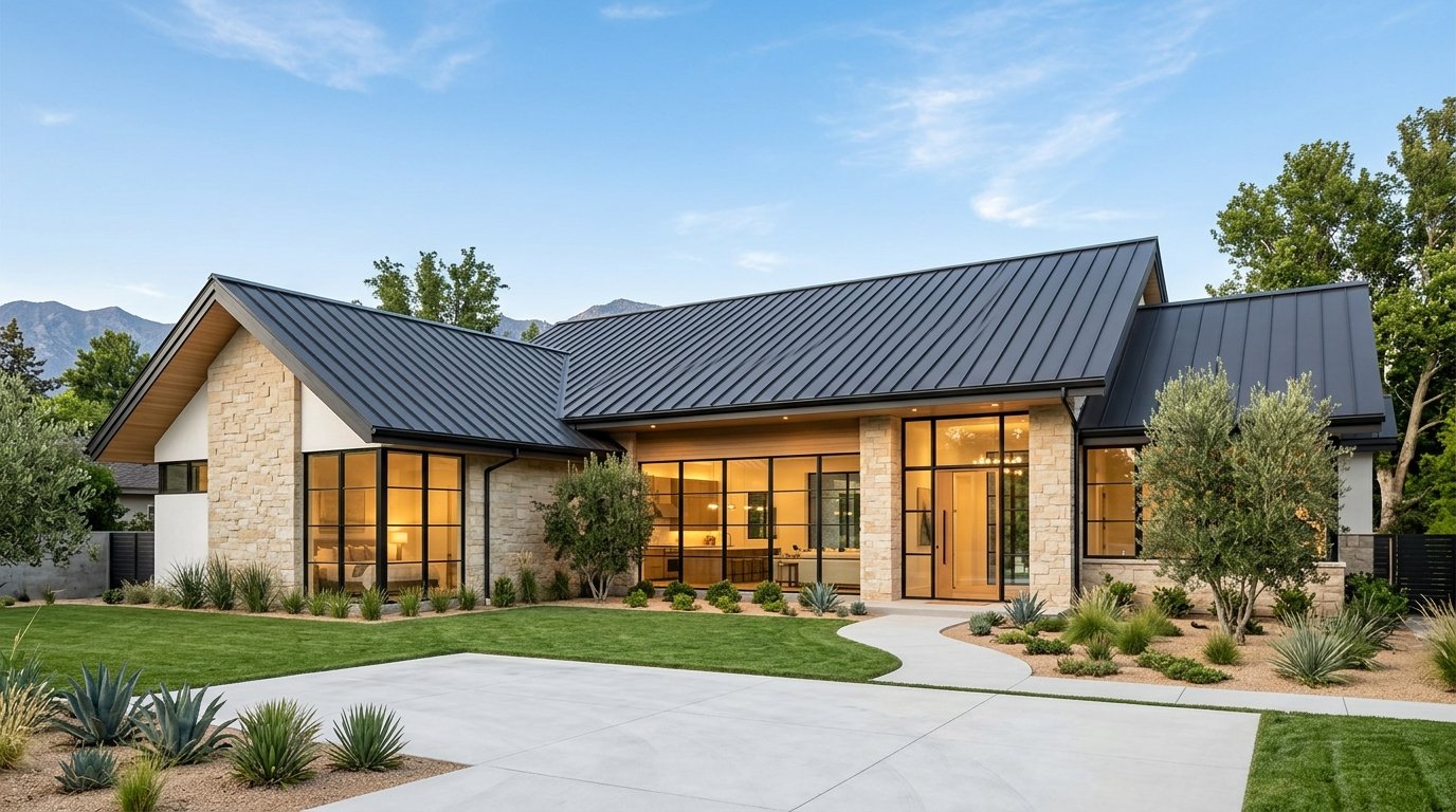 Contemporary residence with dark architectural roofing