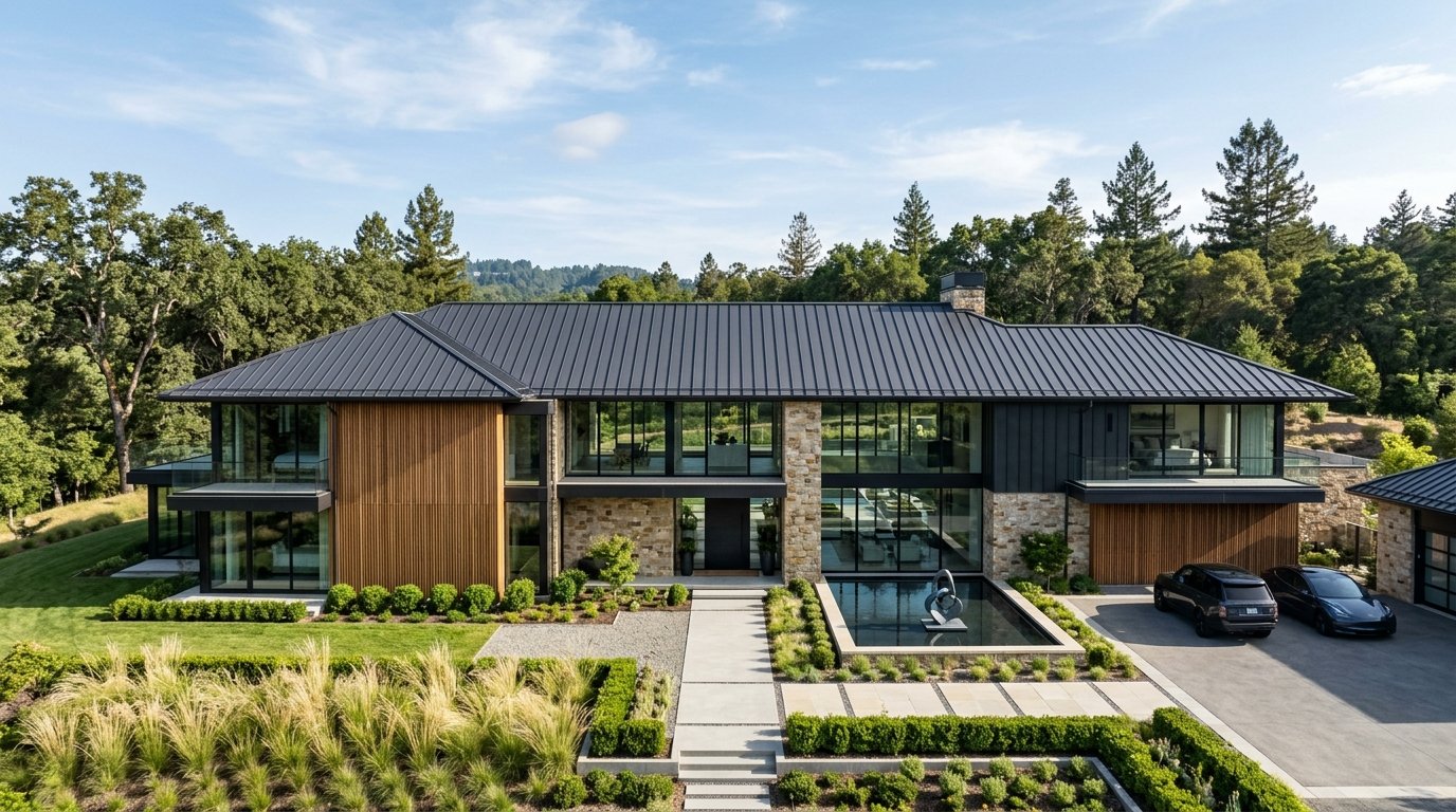 Modern American residence with dark standing seam metal roof
